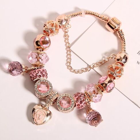 Charm Bracelets Pink and Gold Heart Plated Charm Bracelet Jewelry for Women Gifts, with Beads, Crystal, Charms, Love and Adjustable Snake Chain in Saudi Arabia