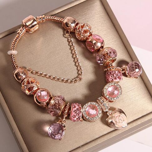 Charm Bracelets Pink and Gold Heart Plated Charm Bracelet Jewelry for Women Gifts, with Beads, Crystal, Charms, Love and Adjustable Snake Chain in Saudi Arabia