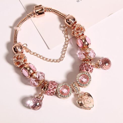 Charm Bracelets Pink and Gold Heart Plated Charm Bracelet Jewelry for Women Gifts, with Beads, Crystal, Charms, Love and Adjustable Snake Chain in Saudi Arabia
