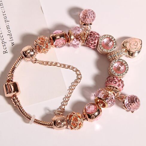 Charm Bracelets Pink and Gold Heart Plated Charm Bracelet Jewelry for Women Gifts, with Beads, Crystal, Charms, Love and Adjustable Snake Chain in Saudi Arabia