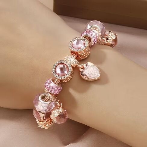 Charm Bracelets Pink and Gold Heart Plated Charm Bracelet Jewelry for Women Gifts, with Beads, Crystal, Charms, Love and Adjustable Snake Chain in Saudi Arabia