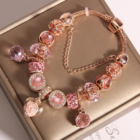 Charm Bracelets Pink and Gold Heart Plated Charm Bracelet Jewelry for Women Gifts, with Beads, Crystal, Charms, Love and Adjustable Snake Chain in Saudi Arabia
