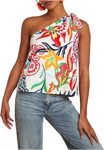 MakeMeChic Women's Tropical Floral One Shoulder Summer Tank Knot Sleeveless Vacation Blouse Tops in Saudi Arabia