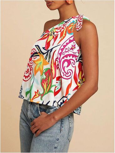 MakeMeChic Women's Tropical Floral One Shoulder Summer Tank Knot Sleeveless Vacation Blouse Tops in Saudi Arabia
