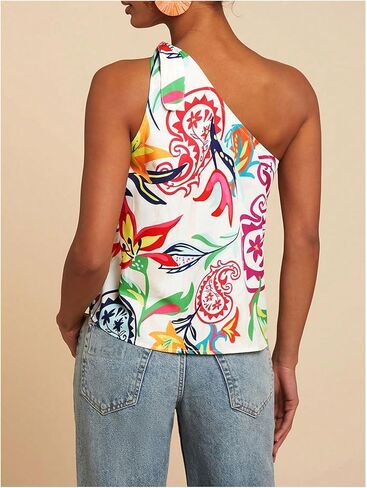 MakeMeChic Women's Tropical Floral One Shoulder Summer Tank Knot Sleeveless Vacation Blouse Tops in Saudi Arabia
