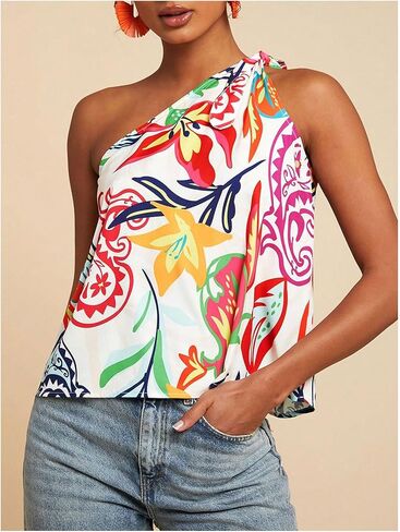 MakeMeChic Women's Tropical Floral One Shoulder Summer Tank Knot Sleeveless Vacation Blouse Tops in Saudi Arabia