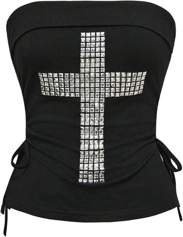 بلوزة نسائية WDIRARA Goth Punk Cross Studded Tube Top Ruched الرباط الجانبي Bandeau Tops in Saudi Arabia