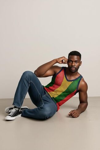 سترة راستا سترينغ وقميص راستا شبكي بدون أكمام للرجال، قميص شبكة صيد السمك الشفاف للرجال والنساء، ملابس علوية للتمرين في صالة الألعاب الرياضية للرجال والنساء، شبكة جامايكية مارينا in Kuwait