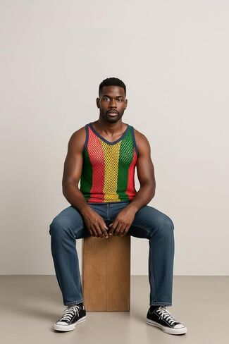 سترة راستا سترينغ وقميص راستا شبكي بدون أكمام للرجال، قميص شبكة صيد السمك الشفاف للرجال والنساء، ملابس علوية للتمرين في صالة الألعاب الرياضية للرجال والنساء، شبكة جامايكية مارينا in Kuwait