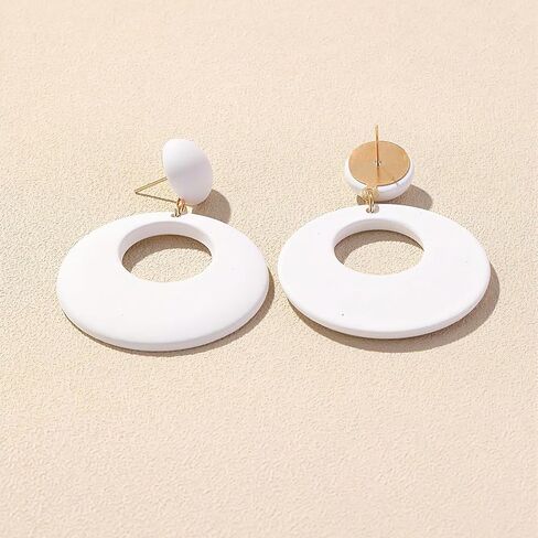 White Circle Hoop Earrings for Women, Resin Minimalist Boho Earrings, Unique Retro 70s Inspired Round Earrings for Parties, Daily Wear in Kuwait