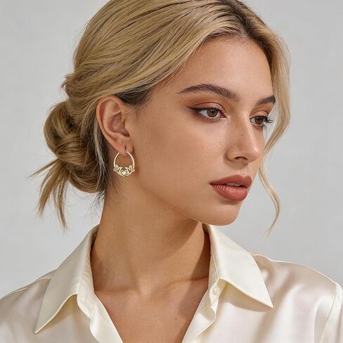 أقراط دائرية من الذهب للنساء - أقراط دائرية مكتنزة على شكل حرف "MOM" مطلية بالذهب عيار 14 قيراط - هدايا مجوهرات ذات مغزى لعيد ميلاد الأم in Kuwait