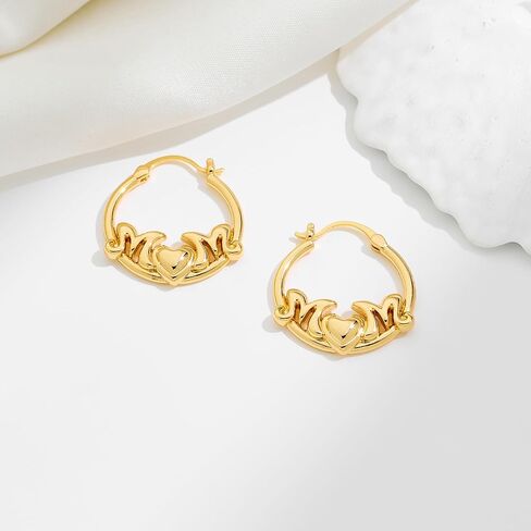 أقراط دائرية من الذهب للنساء - أقراط دائرية مكتنزة على شكل حرف "MOM" مطلية بالذهب عيار 14 قيراط - هدايا مجوهرات ذات مغزى لعيد ميلاد الأم in Kuwait