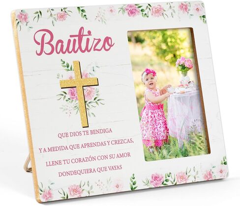 CJiangpo Spanish Baptism Picture Frame - Bautizo Gifts for Girls, Baby Religious Christening Gift Catholic Dedication Baby Shower Keepsake Pink Flower Wood Photo Frame from Godparents Friends Family in Saudi Arabia