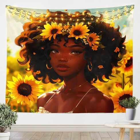 Feelyou African American Black Girl Tapestry Black Girls Magic Tapestry Wall Hanging Kids Boys Girls Yellow Sunflower Wall Tapestry Cute Girls Wall Art for Bedroom Living Room,Medium 59x59 Inches in Saudi Arabia