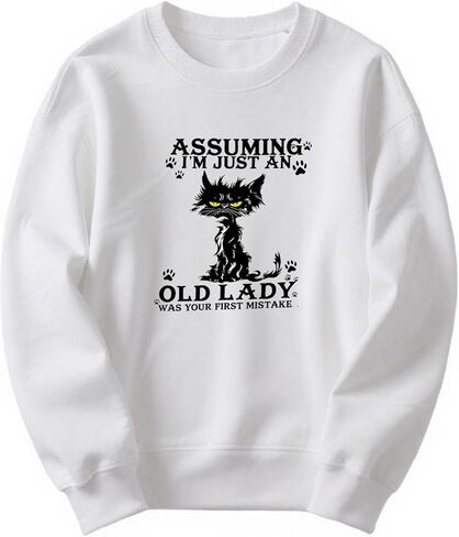 سويت شيرت نسائي بياقة دائرية مع قطة سوداء بارعة واقتباس تحفيزي - بلوفر كاجوال مريح لمحبي القطط in Kuwait