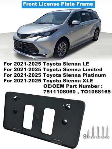 FASTCHE Front Bumper License Tag Plate Frame Bracket Holder Compatible with 2021 2022 2023 2024 2025 Toyota Sienna LE XLE Limited Platinum License Plate Bracket Replace # 7511108060 TO1068165 in Kuwait