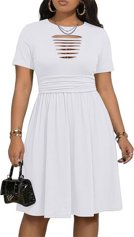 FANDEE Casual Dresses for Women Front Hollow Design A-Line Fit Wedding Guests Party Shopping Midi Dress with Pockets in Kuwait