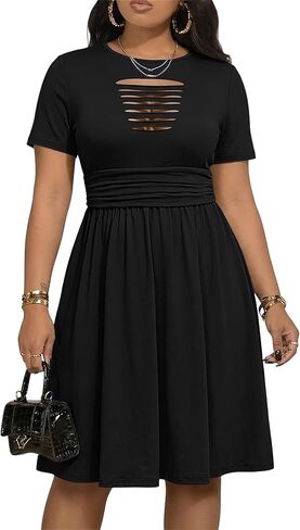 FANDEE Casual Dresses for Women Front Hollow Design A-Line Fit Wedding Guests Party Shopping Midi Dress with Pockets in Saudi Arabia