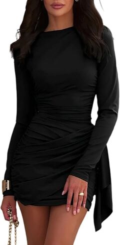 NRTHYE Ruched Bodycon Mini Dress for Women Sexy Elegant Long Sleeve Crew Neck Wrap Cocktail Party Short Dresses Clubwear in Saudi Arabia