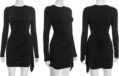 NRTHYE Ruched Bodycon Mini Dress for Women Sexy Elegant Long Sleeve Crew Neck Wrap Cocktail Party Short Dresses Clubwear in Saudi Arabia