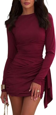 NRTHYE Ruched Bodycon Mini Dress for Women Sexy Elegant Long Sleeve Crew Neck Wrap Cocktail Party Short Dresses Clubwear in Saudi Arabia