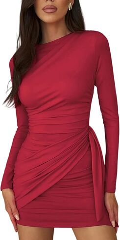 NRTHYE Ruched Bodycon Mini Dress for Women Sexy Elegant Long Sleeve Crew Neck Wrap Cocktail Party Short Dresses Clubwear in Saudi Arabia