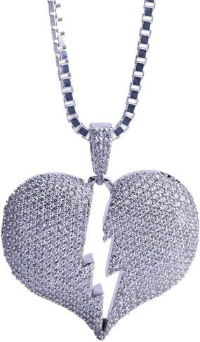 Iced Out Broken Heart Necklace for Men Women 925 Sterling Silver Heart Pendant with Chain Icy Bling Hip Hop Lovers Lost Love Heartbreak Jewelry Unisex in Kuwait