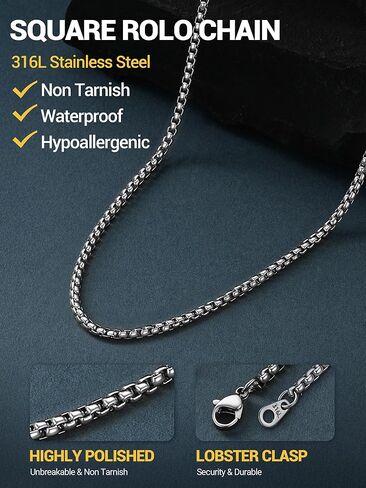PROSTEEL Squre Rolo Link Chains، الفولاذ المقاوم للصدأ/18 قيراط الذهب/قلادة سوداء، عرض 2 مم/3 مم/6 مم/9 مم، مشبك قوي على شكل جراد البحر وسلسلة متينة للمجوهرات الرجالية والنساء، 18 بوصة - 30 بوصة، مع صندوق هدايا in Kuwait
