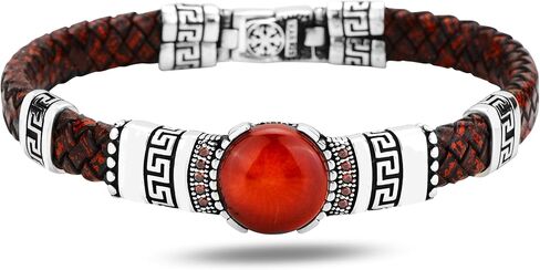 Men Silver Leather Bracelet, Silver Natural Ruby Stone Bracelet, Unique Anniversary Gift For Men Vintage Bracelet, 925k Sterling Bracelet in Kuwait