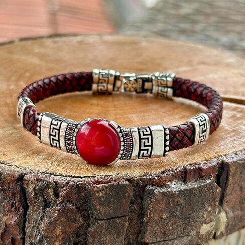 Men Silver Leather Bracelet, Silver Natural Ruby Stone Bracelet, Unique Anniversary Gift For Men Vintage Bracelet, 925k Sterling Bracelet in Kuwait