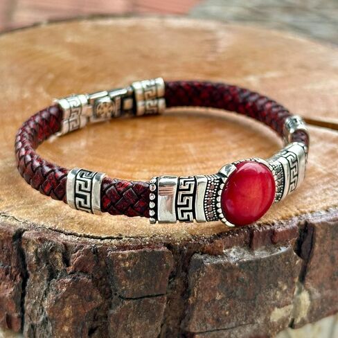 Men Silver Leather Bracelet, Silver Natural Ruby Stone Bracelet, Unique Anniversary Gift For Men Vintage Bracelet, 925k Sterling Bracelet in Kuwait
