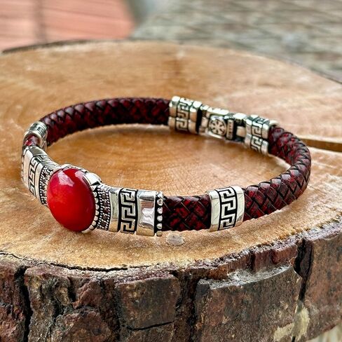 Men Silver Leather Bracelet, Silver Natural Ruby Stone Bracelet, Unique Anniversary Gift For Men Vintage Bracelet, 925k Sterling Bracelet in Kuwait