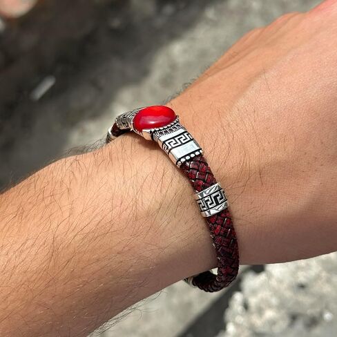 Men Silver Leather Bracelet, Silver Natural Ruby Stone Bracelet, Unique Anniversary Gift For Men Vintage Bracelet, 925k Sterling Bracelet in Kuwait
