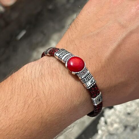 Men Silver Leather Bracelet, Silver Natural Ruby Stone Bracelet, Unique Anniversary Gift For Men Vintage Bracelet, 925k Sterling Bracelet in Kuwait
