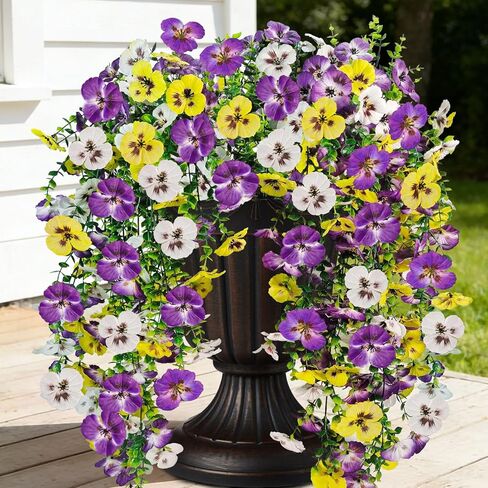 Artificial Fake Hanging Flowers Plants for Outdoor Spring Decoration, 4 Pack Faux Silk Pansy UV Resistant for Outside Home Indoor Porch Planter Patio Balcony Decor (Purple, Yellow, White) in Kuwait