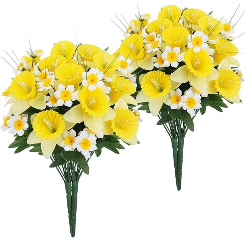 4PCS Artificial Daffodils Flowers 18" Tall Silk Narcissus Large Faux Spring Bouquet Fake Yellow Floral Table Arrangemet for Table Home Cemetery Wedding Garden Indoor Outdoor Decor in Saudi Arabia