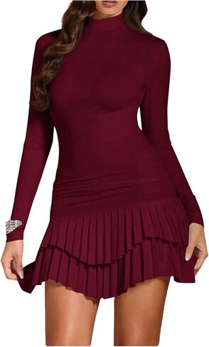 WDIRARA Women's Mock Neck Long Sleeve Bodycon Dress Layered Ruffle Mini Dresses in Saudi Arabia