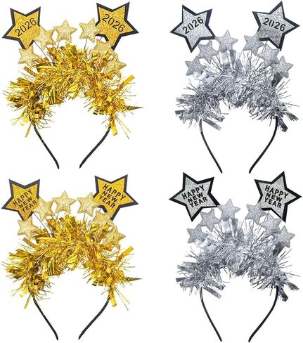 2 PCS Happy New Year Headbands Tiara for Women Men, Glitter Sequins Stars Headband Gold Tassel Hair Accessories Holiday Head Boppers for 2025 New Year Eve Party Favors Decor in Kuwait
