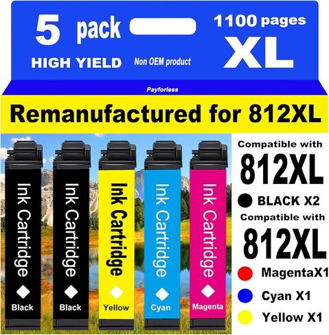 PayForLess for 812XL المعاد تصنيعها لحزمة خراطيش الحبر Epson 812XL Combo Pack لـ 812 XL for Workforce Pro WF-7840 WF-7820 WF-7310 EC-C7000 الطابعة 2 أسود 1 سماوي 1 أرجواني 1 أصفر 5 عبوات in Kuwait