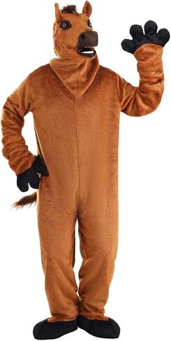 Horse Mouth Mover Mascot Costume for Adults - Jumpsuit, Mask, Mitts & Slippers with Faux Fur Details in Saudi Arabia