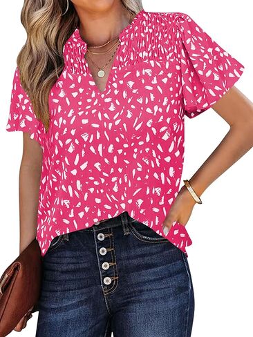 Poetsky Women's Summer Short Sleeve Chiffon Tops Dressy V Neck Floral Print Shirts Business Casual Work Blouses in Kuwait