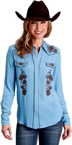 Stetson Women's Embroidered Long Sleeve Pearl Snap Western Blouse Blue Large US in Saudi Arabia