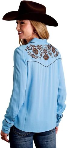 Stetson Women's Embroidered Long Sleeve Pearl Snap Western Blouse Blue Large US in Saudi Arabia