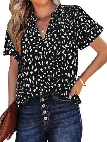 Poetsky Women's Summer Short Sleeve Chiffon Tops Dressy V Neck Floral Print Shirts Business Casual Work Blouses in Saudi Arabia