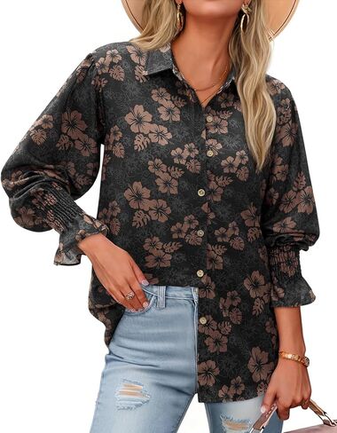 Linen Shirts for Women Button Down Shirt Summer V Neck Collared Long Sleeve Smocked Cuffed Floral Casual Cute Blouse Top in Kuwait