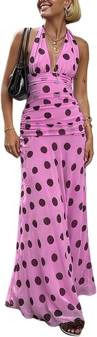 Alyweatry Women Polka Dot Halter Maxi Dress Y2k Sleeveless Deep V Neck Flowy Summer Vacation Beach Sundress in Saudi Arabia