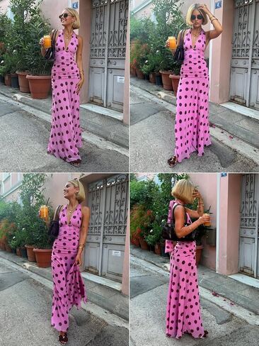 Alyweatry Women Polka Dot Halter Maxi Dress Y2k Sleeveless Deep V Neck Flowy Summer Vacation Beach Sundress in Saudi Arabia
