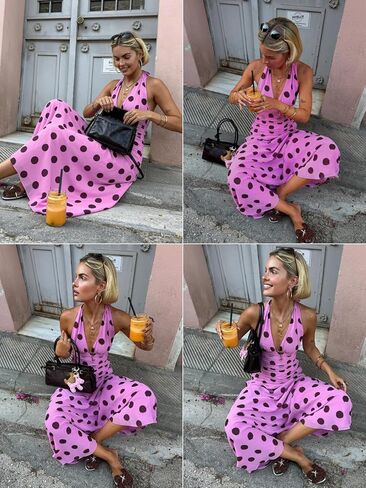 Alyweatry Women Polka Dot Halter Maxi Dress Y2k Sleeveless Deep V Neck Flowy Summer Vacation Beach Sundress in Saudi Arabia