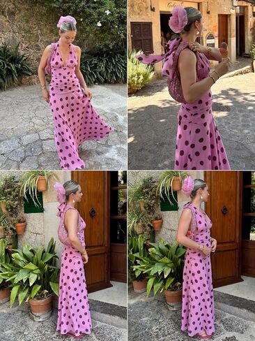 Alyweatry Women Polka Dot Halter Maxi Dress Y2k Sleeveless Deep V Neck Flowy Summer Vacation Beach Sundress in Saudi Arabia