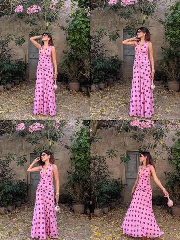 Alyweatry Women Polka Dot Halter Maxi Dress Y2k Sleeveless Deep V Neck Flowy Summer Vacation Beach Sundress in Saudi Arabia